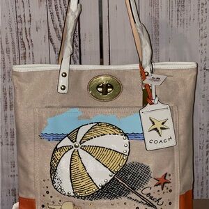 NWT! RARE Coach Pierre Le-Tan Beach Canvas B4/Natural Gold White Slim Tote 14962